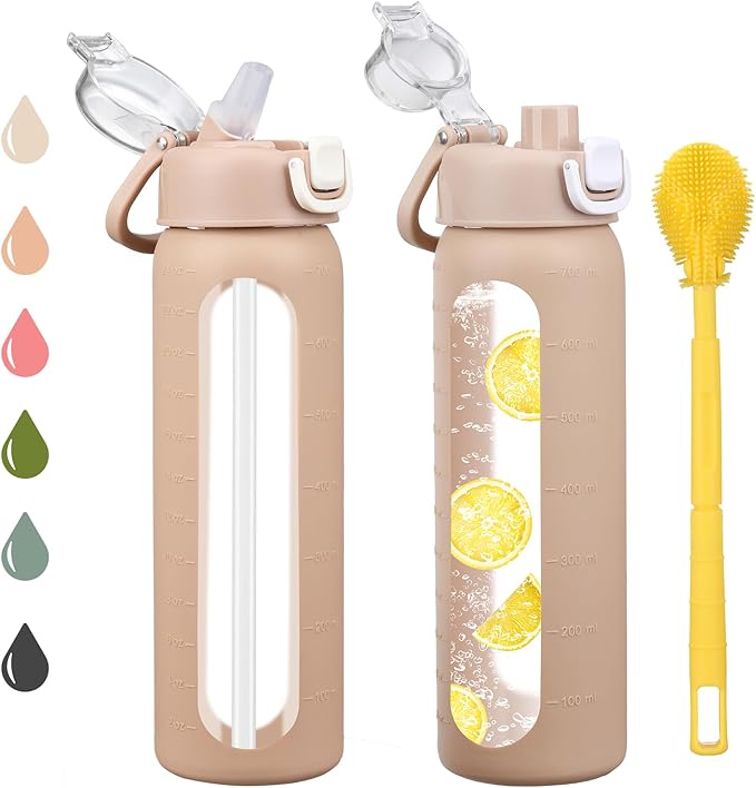 24 oz Glass Water Bottles with 2 Lids-Handle Spout Lid & Straw Lid, Motivational Water Bottle with Time Marker and Silicone Sleeve,Leakproof-Amber-1 Pack