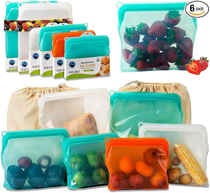 100% Silicone Bags Reusable Storage - Freezer Bags - 6 Reusable Silicone Bags For Food Storage with Two of each (1/2 Gal, Large and Medium) and Complementary Cotton Mesh Bags