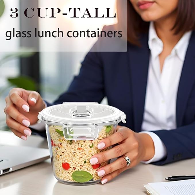24 Oz Round Glass Food Storage Container, 3 Cup Round Glass Soup Container with Airtight Lids BPA free, Leakproof Borosilicate Storage bowls, Dishwasher Microwave Freezer Safe (4 Pack)