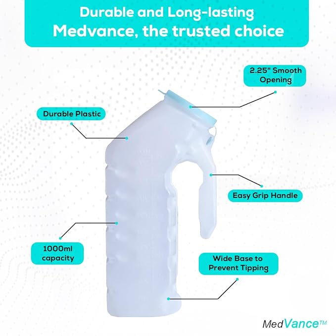 MedVance 1000ml Portable Urinals for Men, 2 Pack – Spill Proof Men's Urinal Bottle w/Glow in Dark & Leak-Proof Lid – Easy-Grip Durable Pee Bottles for Men - Versatile Male Pee Bottle for Elderly Care