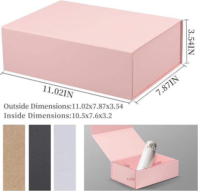 Pink Gift Box with Satin Ribbon Collapsible 11x7.8x3.5 Inches Gift Box with Magnetic Closure Matte Textured Finish Box for Wedding Gifts.