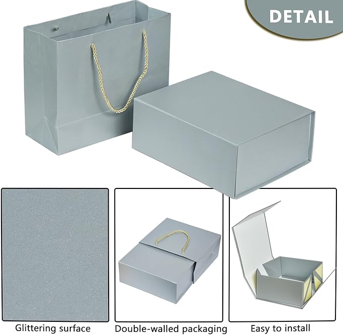 Elegant Gift Boxes with Gift Bag for Presents with Lids Magnetic Closure Rectangle Collapsible for Christmas, Halloween, Birthday,Valentine's Day's Gift Packging (Silver)