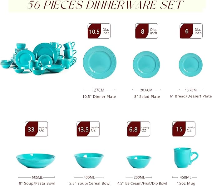 Pearl Dots Stoneware Dinnerware Set (Turquoise, 56pc Set)