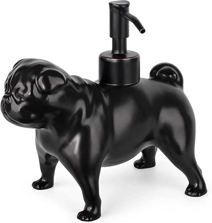 Pug Shaped Soap/Lotion/Hand Sanitizer Dog Lover Stainless Steel Pump Dispenser for Dog Gifts, Refillable for Kitchen and Bathroom(Black)