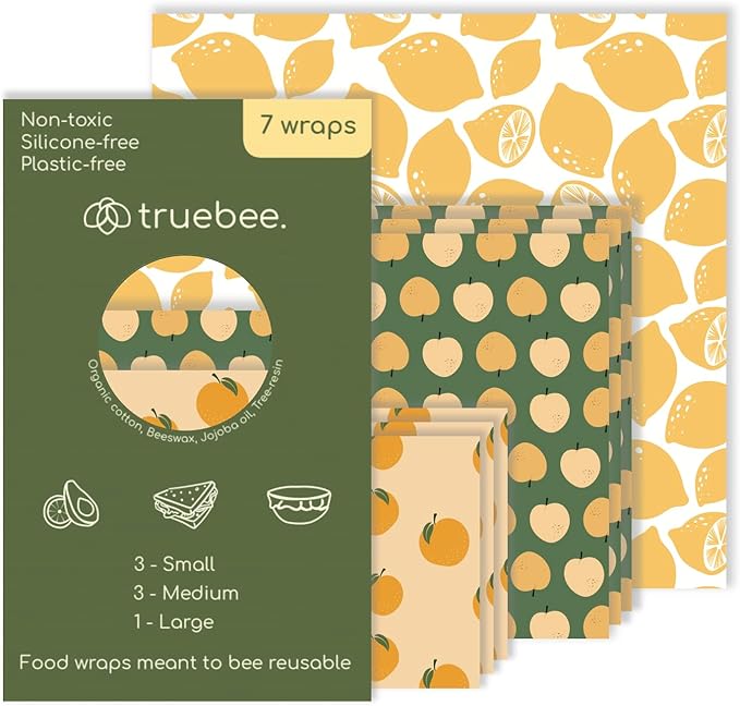 Truebee Reusable Beeswax Food Wraps 7-Pack Summer Orchard – Non Toxic, Plastic Free, Silicone Free, Sustainable, Environmentally Friendly, Organic Cotton Beeswax Wraps (S, M, L)