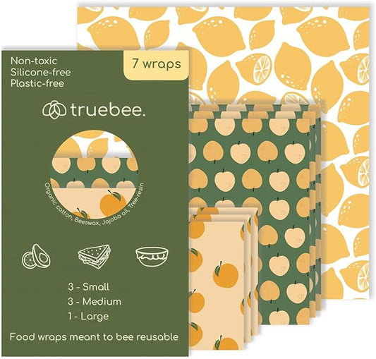 Truebee Reusable Beeswax Food Wraps 7-Pack Summer Orchard – Non Toxic, Plastic Free, Silicone Free, Sustainable, Environmentally Friendly, Organic Cotton Beeswax Wraps (S, M, L)
