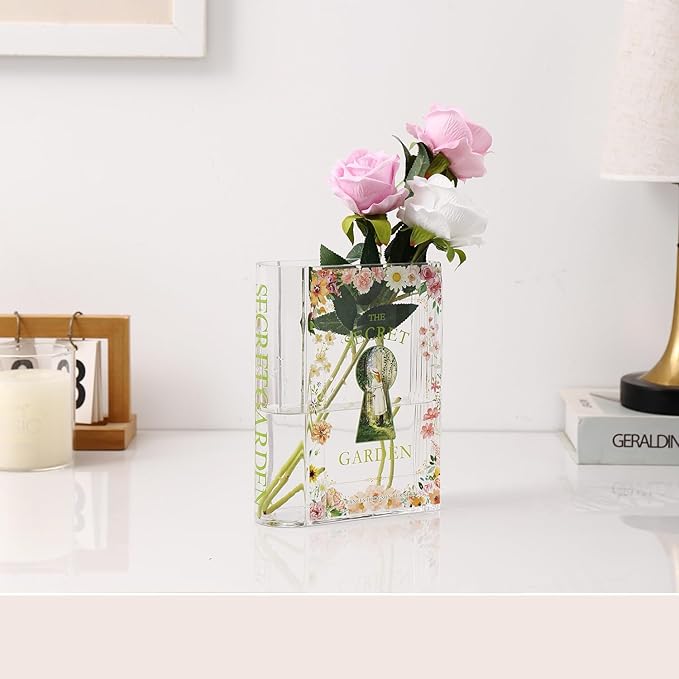 Book Vase for Flowers, Glass Book Shaped Vase, Clear Flower Vases, Book Glass Vases for Bedroom, Living Room, Office, Bookshelf, Coffee Table, Book Lovers Gifts(SG)