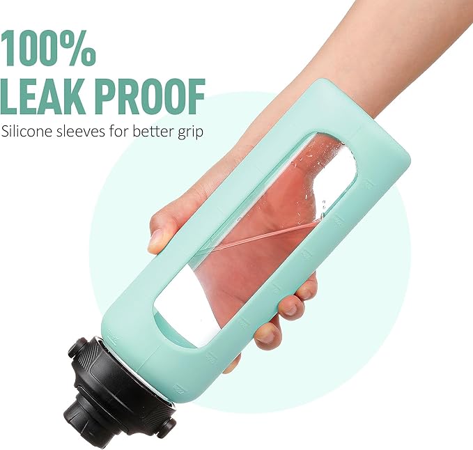 24oz Glass Water Bottle with Straw and 2 Lids-Bamboo and Spout Lid, Borosilicate Glass Water Bottle with Silicone Sleeve and Time Marker,BPA Free & Cupholder Friendly,Mint Green