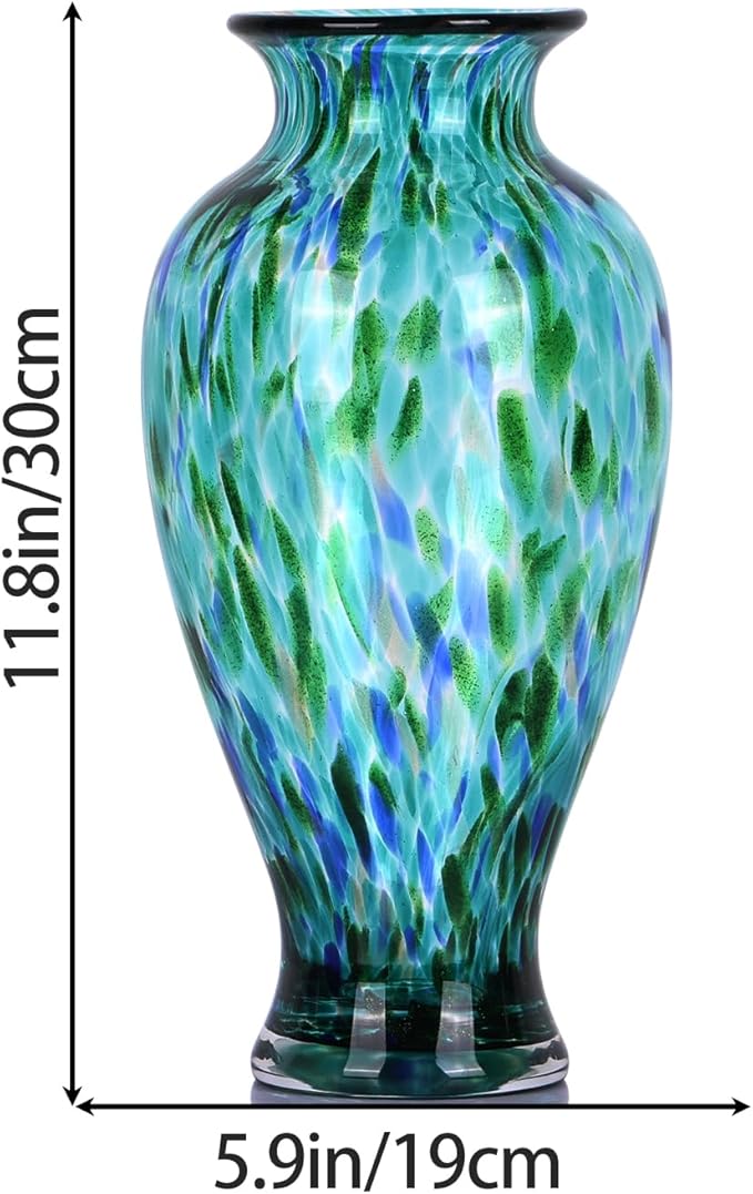 Blown Glass vase, Unique Glass vase, Glass Green Decorative vase for Home Living Room Dining Table re Office Wedding Entrance Desktop Decorative vase.