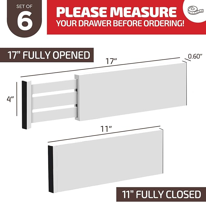 6 Pack Drawer Dividers 4 Inch High, 11”-17" Adjustable Bamboo Organizers Large Expandable Drawer Separators for Cloths, Dresser, Bedroom, Bathroom, Baby Drawer, Office & Kitchen Utensils (White)