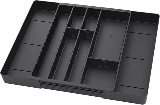 Fu Store Silverware Drawer Organizer DIY Customize Expandable Utensil Tray for Kitchen Upgraded Flatware Cutlery Holders Adjustable Plastic Tableware Storage for Spatula Spoons Forks Knives (Black)