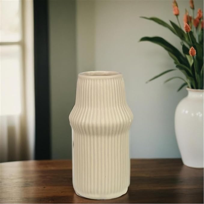 Young's Inc Textured Stoneware Vase with Ribbed Design – Modern Organic Decorative Flower Vase for Table Centerpiece, Shelf, or Mantel, 7” Tall