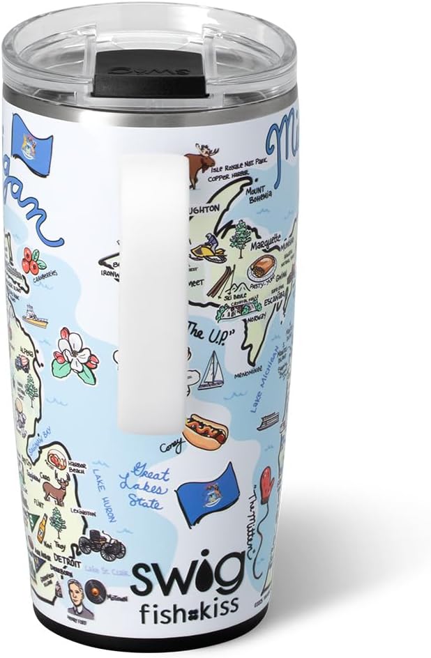 Swig Life 22oz Travel Mug, Insulated Tumbler with Handle and Lid, Travel Coffee Mug, Cup Holder Friendly, Stainless Steel 22 oz Tumbler, Reusable Insulated with Lid (Michigan)