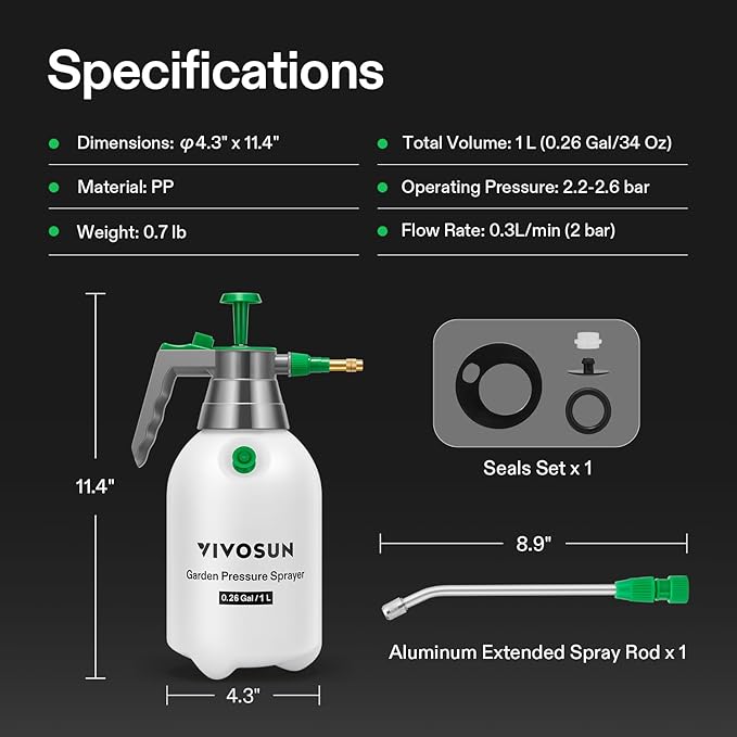 VIVOSUN Handheld Garden Sprayer, 1L Pump Sprayer, 34oz Water Spray Bottle with Safety Valve, Adjustable Nozzle, Extended Spray Rod & Additional Seals, Ideal for Watering, Fertilizing, Cleaning