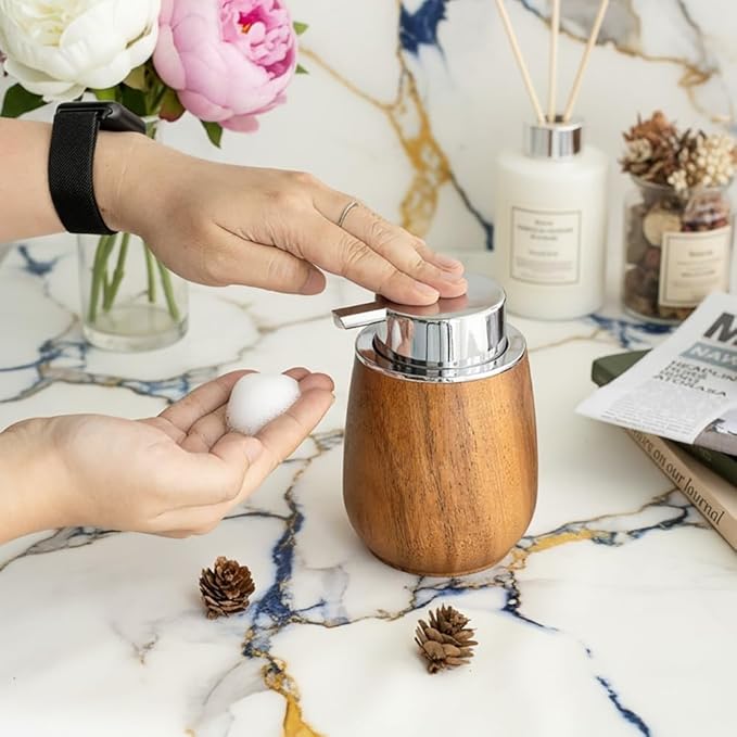Walnut Wood Soap Dispenser Set with Tray, 7oz/200ml Foaming Hand Soap Dispenser with 6 Labels, Wooden Bathroom Organizer Tray for Toiletries & Aromatherapy, Countertop Bathroom Accessories