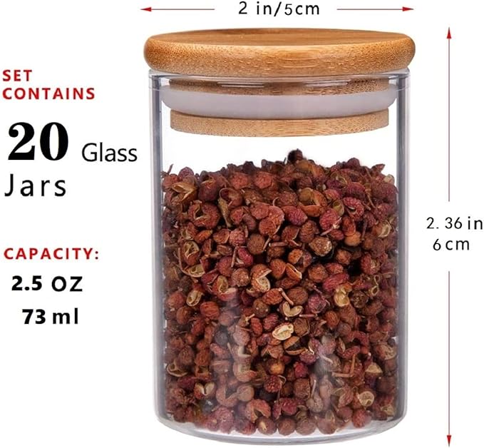20 Pcs Glass Spice Jars with Airtight Bamboo Lids, Labels and Pen, 2.5oz Mini Clear Food Storage Containers for the Pantry, Kitchen Canisters for Tea, Herbs, Sugar, Salt, Coffee and More