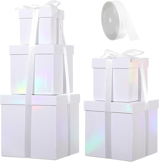 Cholemy 5 Pcs Square Nesting Boxes Decorative Gift Boxes with Lid and Ribbon Assorted Sizes Wrap for Wedding, Thanksgiving, Christmas, Anniversary, Birthday, Bridal Party(Iridescent)