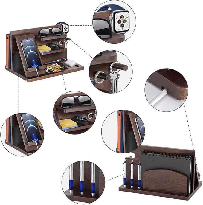 Gifts for Men Bedside Organiser Wood Phone Docking Station Dad Birthday Gifts for Him Nightstand Key Wallet Watch Stand Mens Gifts for Xmas Presents for Dad Husband Boyfriend Anniversary & Christmas