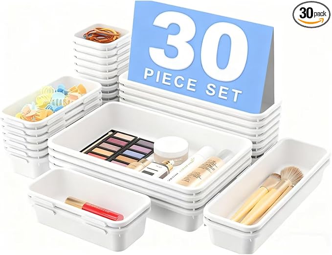 A-LuGei 【𝟮𝟴𝗣𝗖𝗦】 【𝟱𝗦𝗶𝘇𝗲】 White Drawer Organizer, Makeup organizer, 【Holds 177 Items】 Bathroom Organizers and Storage, Plastic Desk Organizer Divider, Organizer Bins for Office Vanity