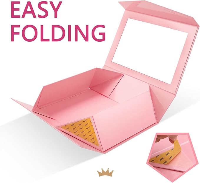 PACKQUEEN 5 Large Pink Gift Boxes with Windows, 13.5x9x4.1 Inches Easter Gift Boxes for Presents Contain Ribbons, Cards, Bridesmaid Proposal Boxes, Mothers Day Boxes with Magnetic Lids (Glossy Pink)