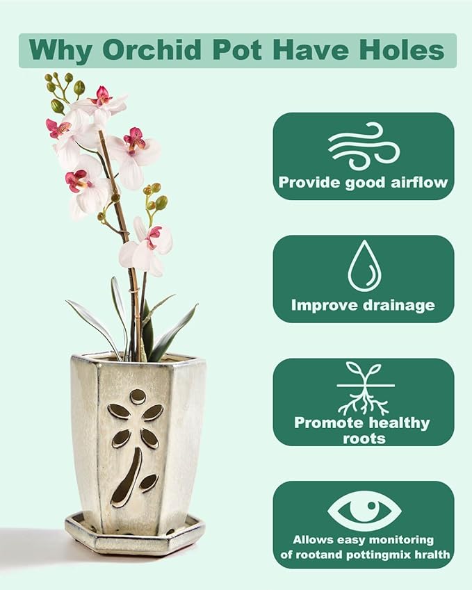 vensovo 4 Inch Ceramic Orchid Pots with Holes and Saucers - 1 Pcs Small Hexagon Succulent Pot for Repotting, Garden Flowerpots for Plants Indoor and Outdoor Promotes Air Circulation, (Milk White)