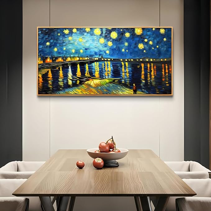 hyidecorart Abstract Blue Vintage Pictures Artwork Canvas Wall Art For Living Room Large Wall Decor For Office Modern Bedroom Decoration Night Scene Wall Paintings Home Decor Wood Framed 24x48