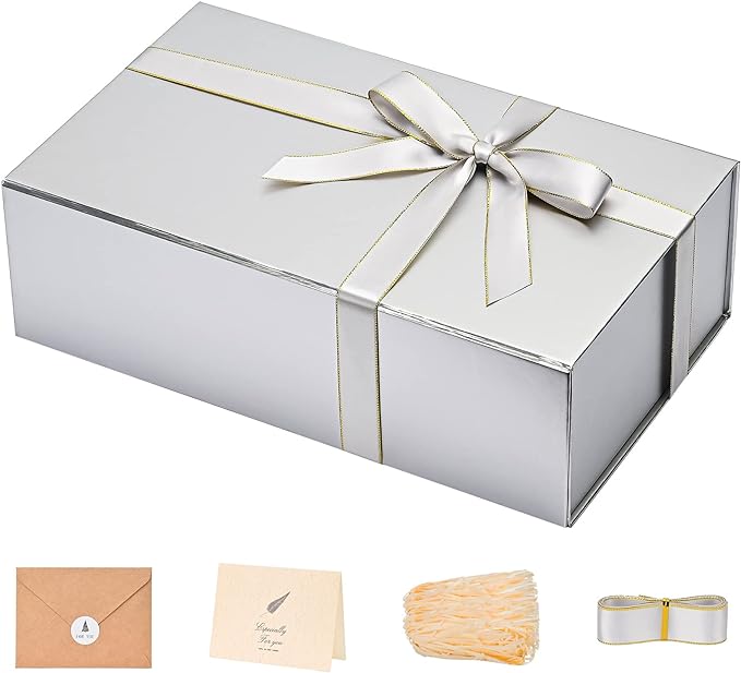 LIFELUM Gift Boxes with Lids, 1 Pack 13.8 x 8.3 x 4.4 inch Silver Gift Boxes with Ribbon, Card, Shredded Paper Filler for Presents, Graduation, Christmas, Birthdays
