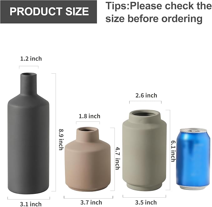 Ceramic Vase Set of 3, Modern Decorative Vases for Home Decor, Small Flower Pottery Vase Sets, Boho Farmhouse Rustic Vases for Living Room, Kitchen, Bedroom, Bathroom, Shelf, Table