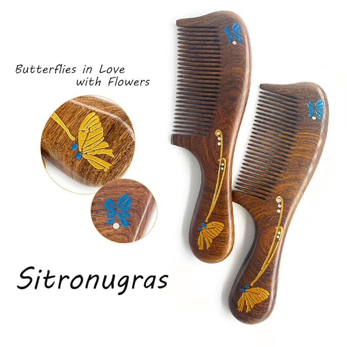 wooden combs set,Handmade Detangling comb with Fine teeth sandalwood combs with handle for Women Men Anti Static Adorable Shape Wooden Hair comb for Wavy Hair