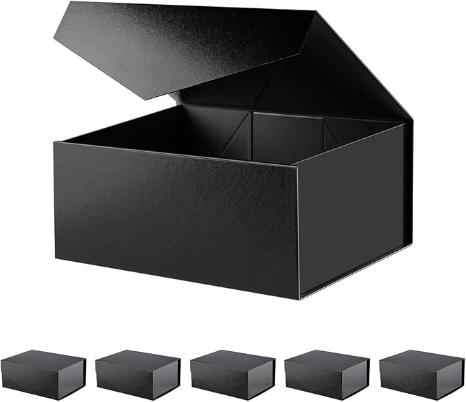 BLK&WH 6 Gift Boxes 9x6.5x3.8 Inches, Black Gift Boxes, Groomsman Boxes, Collapsible Boxes with Magnetic Closure Lids for Gift Packaging (Glossy Black with Grass Texture)