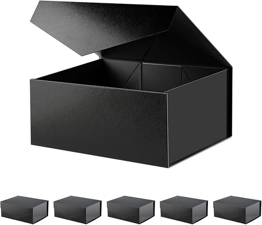 BLK&WH 6 Gift Boxes 9x6.5x3.8 Inches, Black Gift Boxes, Groomsman Boxes, Collapsible Boxes with Magnetic Closure Lids for Gift Packaging (Glossy Black with Grass Texture)