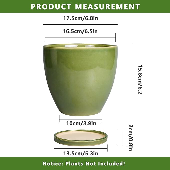 Ceramic Planters for Indoor Plants - 6.8 Inch Plant Pot with Drainage Hole and Saucer Round Modern Flower Pot Home Garden Patio Decor Green