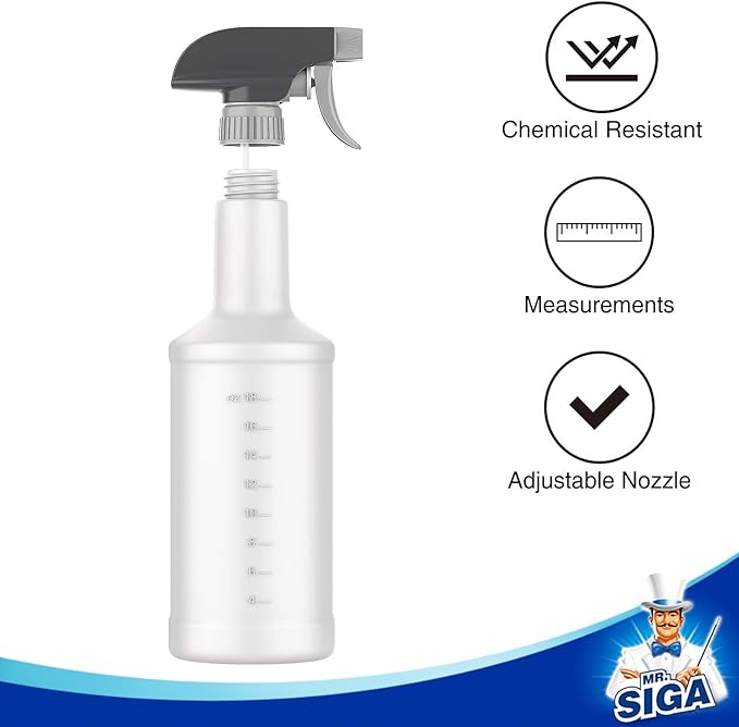 MR.SIGA 24 oz Empty Plastic Spray Bottles for Cleaning Solutions, Heavy Duty Household Reusable Spray Bottles with Measurements and Adjustable Leak Proof Nozzle, 3 Pack