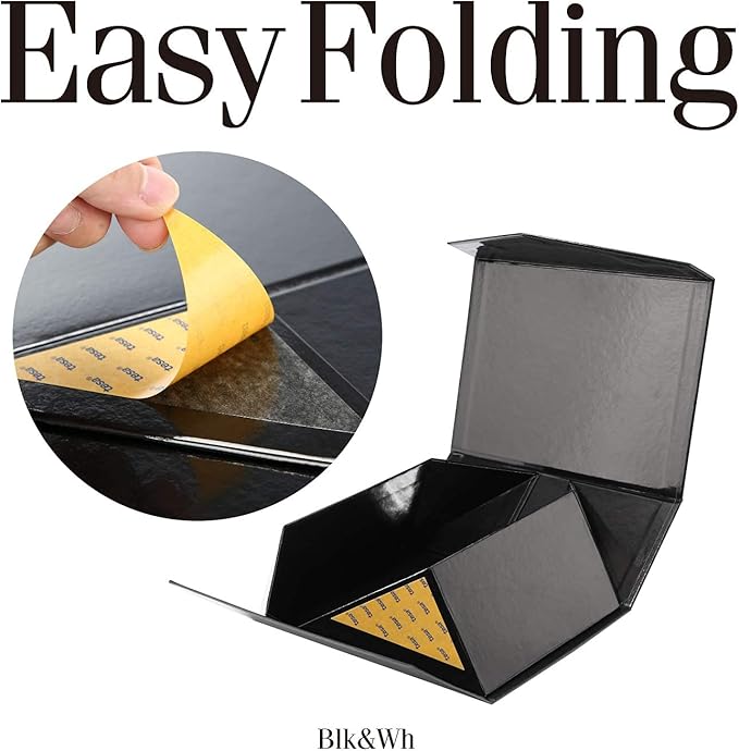 BLK&WH Gift Box 9x6.5x3.8 Inches, Black Gift Box, Groomsman Box, Collapsible Box with Magnetic Closure Lid for Gift Packaging (Glossy Black with Grass Texture)