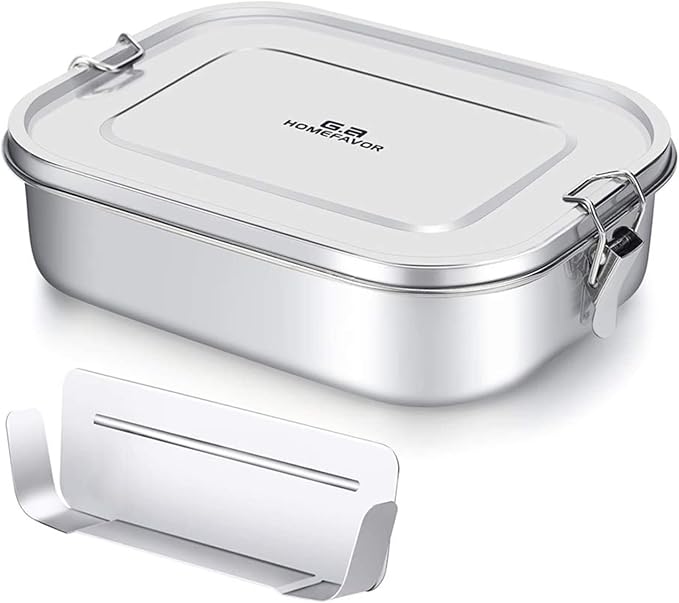 G.a HOMEFAVOR Stainless Steel Bento Lunch Box - Leak-Proof Metal Bento Box, Large Food Container with Lock Clips, Snack Container, Dishwasher Safe, 2 Compartments, 1400 ml/47 oz