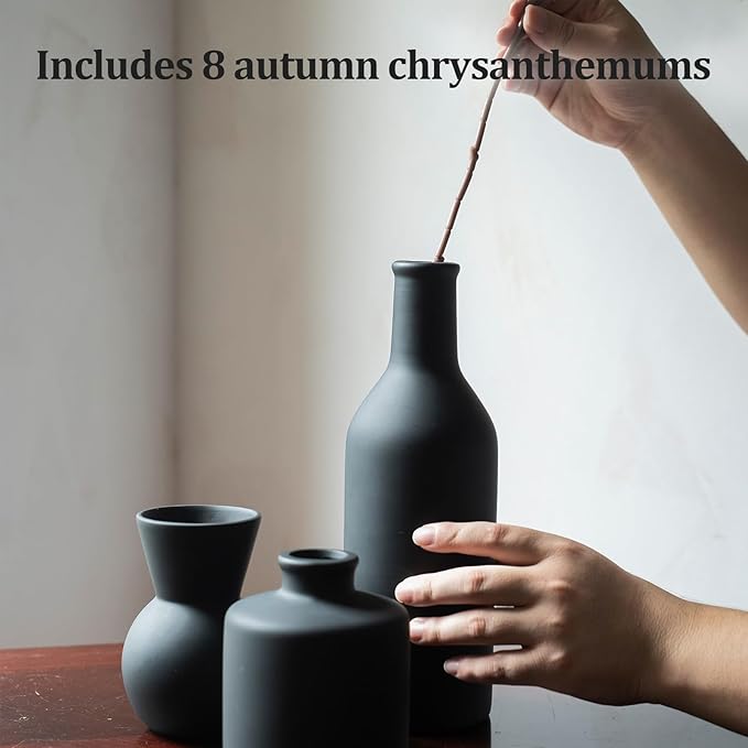 Fake Flowers in Vase for Centerpieces, Faux Flowers in Modern Ceramic Vase Set of 3 with 8 Artificial Autumn Chrysanthemums Artificial Decorative Swags