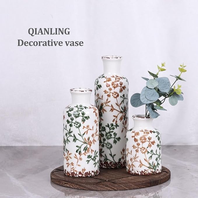 Ceramic Vase Set - 3 Ceramic Small Vases, Farmhouse Country Flower Vase Home Decor, Living Room Decoration, Table Decoration, Fireplace Decor, and Entrance Decorations Centerpiece