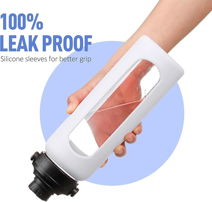 24oz Glass Water Bottle with Straw and 2 Lids-Bamboo and Spout Lid, Borosilicate Glass Water Bottle with Silicone Sleeve and Time Marker,BPA Free & Cupholder Friendly,White