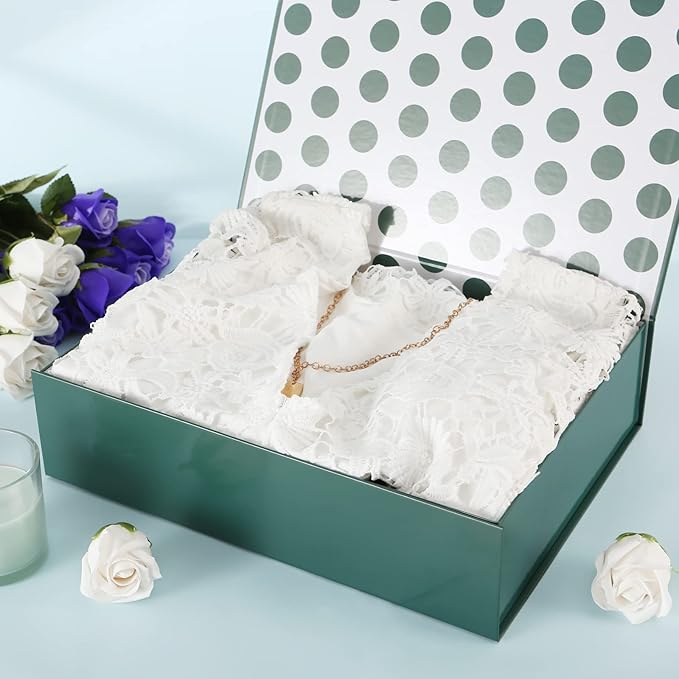 GREEN BEAN Gift Box 13x9.7x3.4 Inches, Large Green Gift Box with Lid for Presents, Magnetic Gift Boxes for Clothes, Shirt (Glossy Metallic Green, Dot Design Inside)