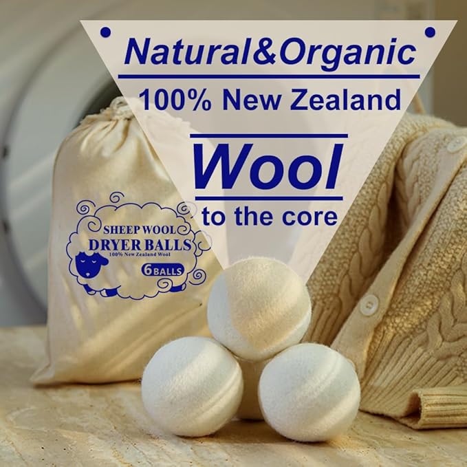 Organic Wool Dryer Balls XL，Reusable, Premium Natural Fabric Softener，Safe for Babies & Sensitive Skin, Reduces Clothing Wrinkles and Naturally Shorten Laundry Drying Time,Wool Balls for Dryer(6psck)