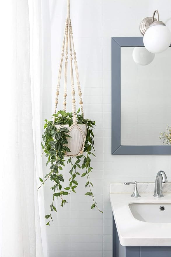 Mkono Macrame Plant Hanger Indoor Hanging Planter Basket with Wood Beads Decorative Flower Pot Holder No Tassels for Indoor Outdoor Boho Home Decor 35 Inch, Ivory, Set of 1 (POTS NOT Included)