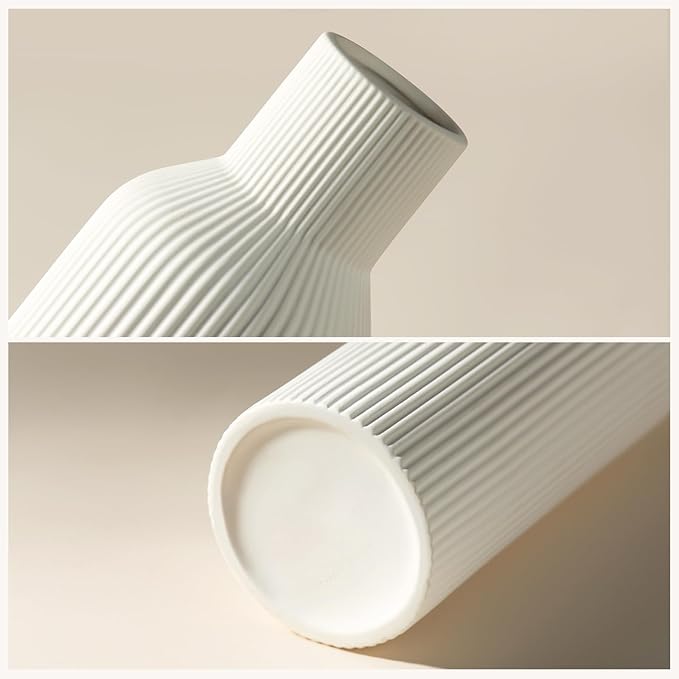 White Ceramic Vases Set of 3, White Ribbed Decorative Vases - Table Centerpieces for Wedding, Living Room, Office & Shelf Decor