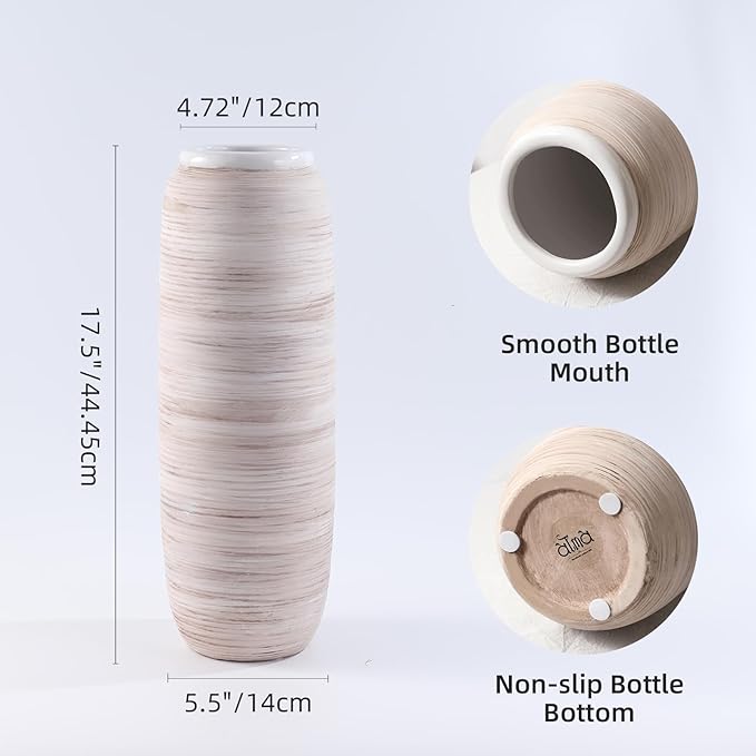 ALMA White Tall Vase for Floor, 18'' Extra Large Vase for Pampas Grass Dried Flower Bouquet, Big Ceramic Rustic Vases for Home Decor, Living Room Floor, Mantel Decoration