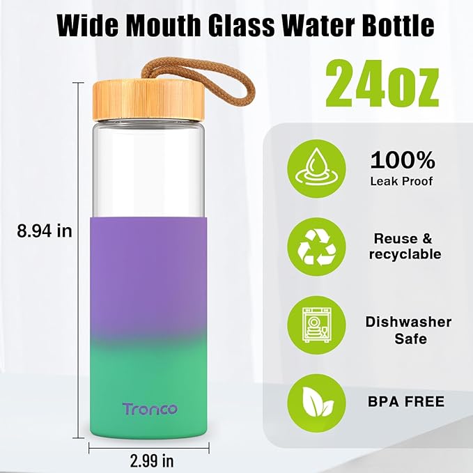 Tronco 24oz Glass Water Bottles with Bamboo Lid & Silicone Sleeve, Leak Proof, BPA Free, Reusable Borosilicate Glass Bottles for Juicing, Smoothies, Juice & Water, for Men & Women Gym, Office, Travel