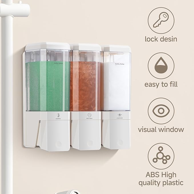 Shower Soap Dispenser Wall Mounted Shower Dispenser 3 Chamber No Drill Shampoo and Conditioner Dispenser Refillable Shampoo Dispener for Shower 3 * 500ml for Bathroom Hotel (Cream White 3 Chamber)