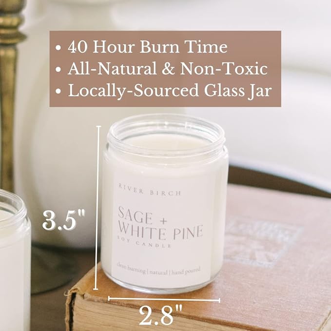 River Birch Candles Sage & White Pine Scented Candle | Premium, All-Natural, Non-Toxic, Soy Candles | 8.5oz 40 Hr Burn Time | Cozy Relaxing Gifts for Home