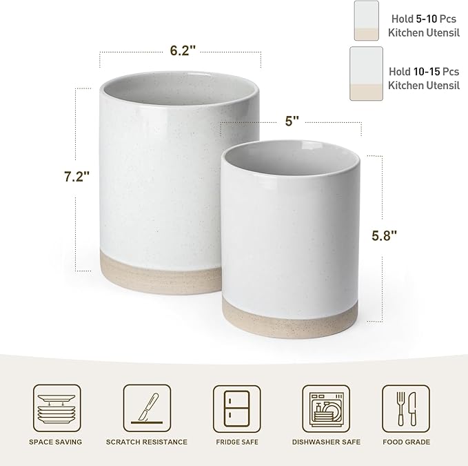 famiware Milkyway Kitchen Utensil Holder for Countertop, 7.2"+5.8" Ceramic Cooking Utensil Crocks for Counter, Utensil Organizer for Spatula & Spoon, Kitchen Decor, Set of 2, White