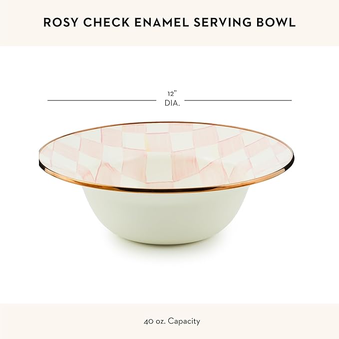 MACKENZIE-CHILDS Enamel Serving Bowl, Enamel Serveware Bowl, 12 Inches, Pink-and-White Rosy Check