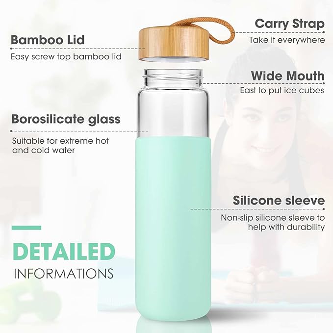 Borosilicate Glass Water Bottles with Silicone Sleeve BPA Free, Dishwasher Safe - Reusable Clear Glass Drinking with Leak Proof Bamboo Lid (Pure Blue, 25 Ounces)