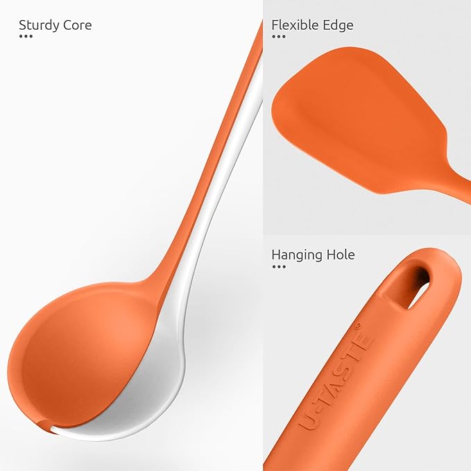 Silicone Kitchen Cooking Utensil Set: U-Taste 600ºF Heat Resistant 13.6in Extra Long Kitchen Tools, Food-Grade Non-Stick Spatula Turner Spoon Ladle for Stir Frying, Serving, Mixing (5 Pieces, Orange)